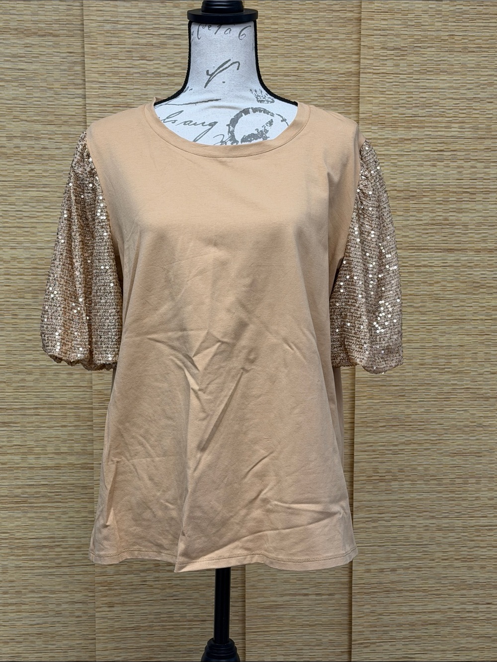 Ashley Stewart Beige Top with Sequin Puff Sleeves